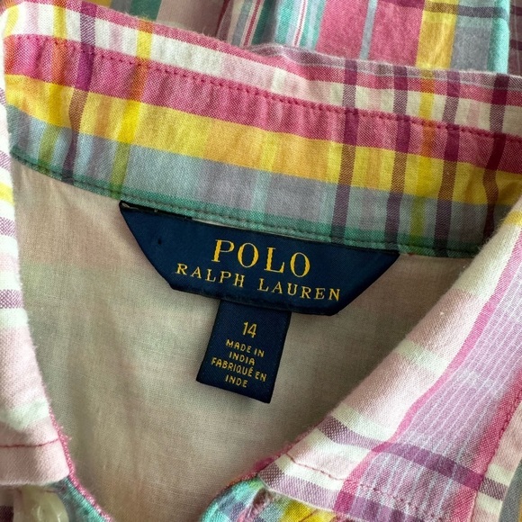 Polo Ralph Lauren Girls Pink Blue Multi Color Cotton Madras Shirt Dress Size 14 - Picture 6 of 7